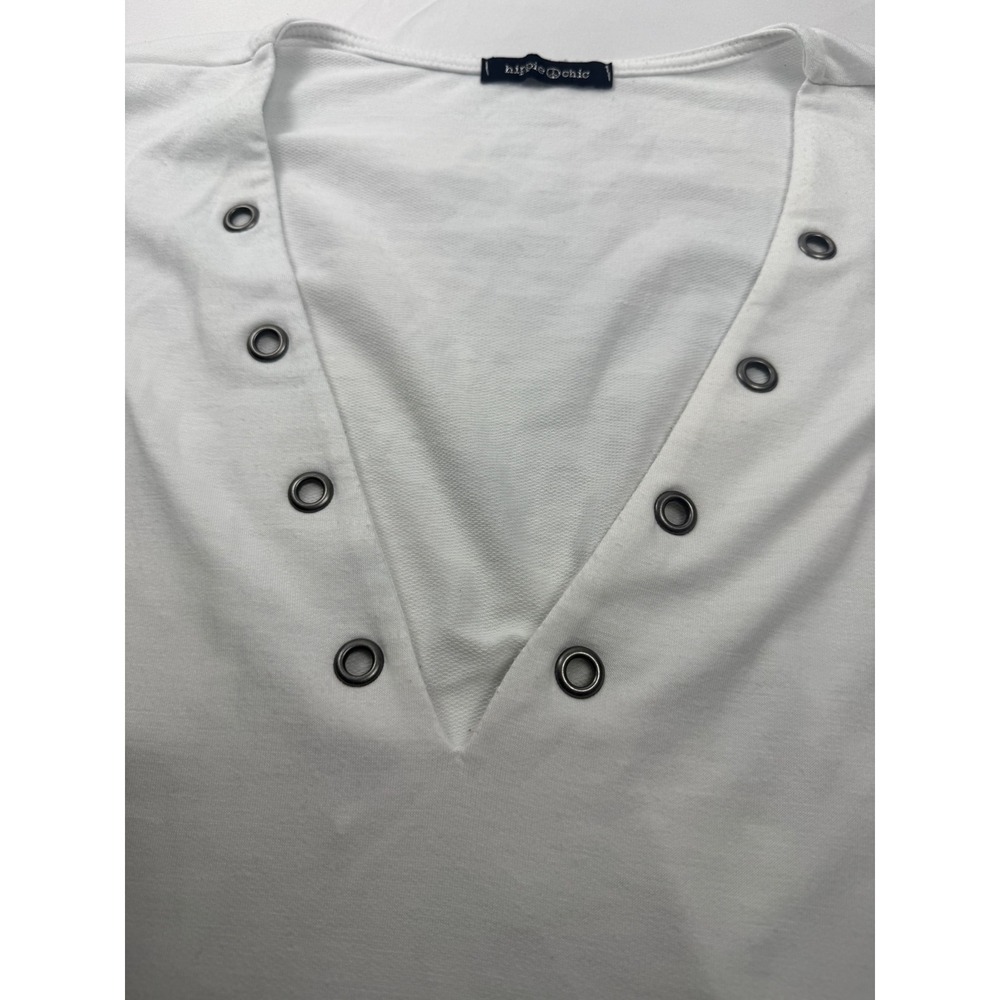 Hippie Chic Size XL 2X White Grommet V Neck Oversized Boho Top - Picture 7 of 7